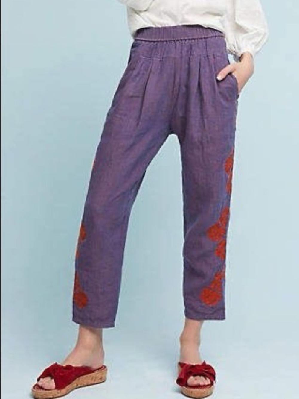 By Anthropologie Embroidered Linen Pants Purple Pink Size Small
